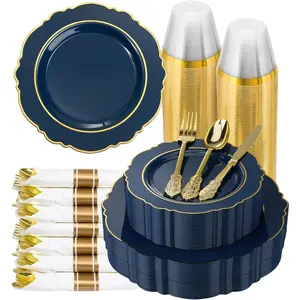 350 Piece Navy Blue Plastic Dinnerware Set for 50 Guests Elegant Disposable Dinnerware for Weddings, Parties, 100 Plastic Plates, 50 Pre Rolled Napkins with Silverware, 50 Cups