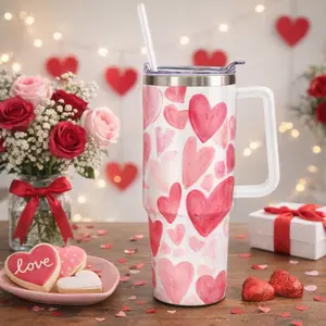 Elegant Watercolor Pink Heart 40oz Stainless Steel Tumbler with Handle & Straw Insulated Double Wall Vacuum Travel Mug for Hot Cold Drinks Cute Romantic Valentine Gift for Women Wife Girlfriend Anniversary Love Aesthetic Cup