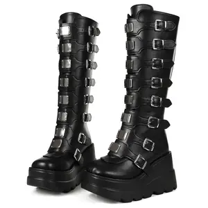 Goth Punk Multi-Buckle Knee High Platform Boots with Metal Strap Details, Round Toe, Side Zipper Closure, Polyurethane Upper, Fabric Lining, Rubber Lug Sole, Chunky Platform Heel – All-Season Combat Footwear