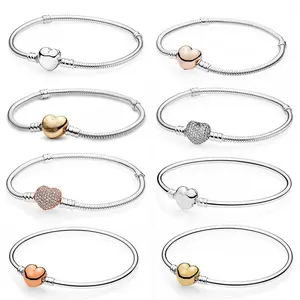 S925 Sterling Silver Moment Heart Clasp Snake Chain Bracelet, Fit Bracelet Charm, Pendant Jewelry, Heart Style Birthday Gift Design