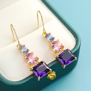 Lavender Zircon Stone Earrings, Violet Stone Earrings in Gold or Silver, Colorful Earrings, Rectangle prong set Drops, Gift for her Anniversary