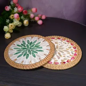 Handwoven Rattan Coaster with Mother of Pearl Inlay