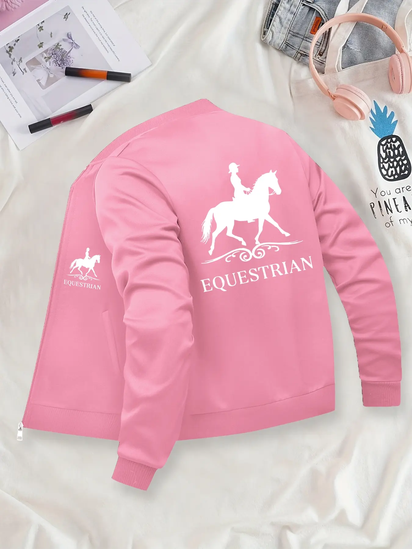 Women's Equestrian Zipper Jacket, Fun Print Coat, Fashionable Casual Outerwear, Perfect Layering Choice for Fall & Winter