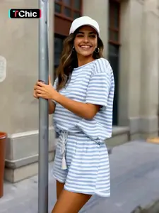 Women's Striped Knit Short Set, Casual Loose Fit Summer, Round Neck & Drawstring Design, Perfect for Daily Wear, Lounge Shorts