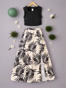 Girl's Tank Top & Leaf Print Skirt Two-Piece Set, Fashion Style Sets, Tropical Print Set, Elegant Fashion Casual Two Piece Outfits for Daily Outdoor Wear, Girls Set for Summer, Fashion Clothes Sets, Matching Set