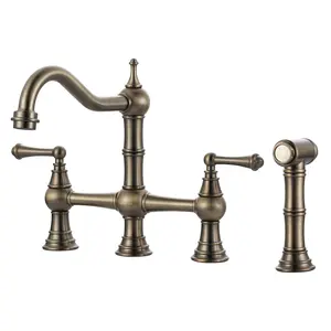 WOWOW Brass 8 in. Double Handle Bridge Kitchen Faucet with Brass Valve, Side Sprayer and Supply Lines in Antique Bronze