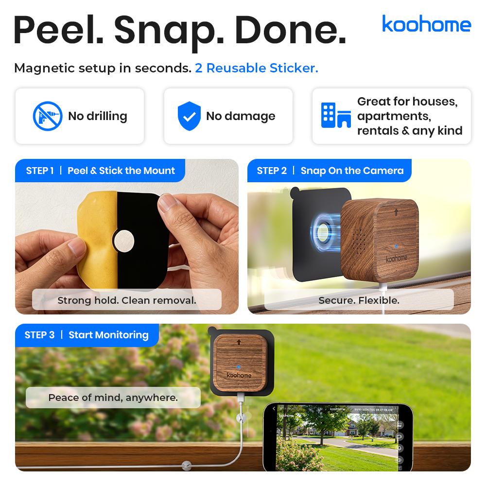 Koohome 3K Window Security Camera, Walnut Wood Design & Magnetic Mount, Full-Color Night Vision, Free Cloud Storage, SD Card Slot, Dual-Band WiFi, Motion & Person Detection, 24/7 Recording, Easy Setup for Home & Apartment