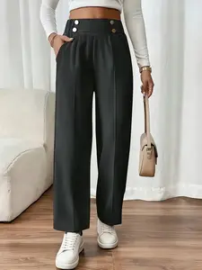 Women's Solid Button Fly Elastic Fitted Straight Leg Pants, Womenswear Basic Casual Elegant Comfy Trousers for Work Office Business, Ladies Bottoms for Fall
