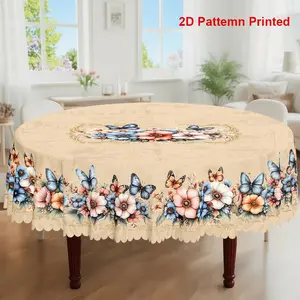 1pc, Spring Summer Themed Party Tablecloth, Vintage Butterfly Floral Printed Design, Rectangular/Round/Oval Table Cloth, Embossed Edge, Kitchen Dining Outdoor Picnics Dinner Decor Ideal