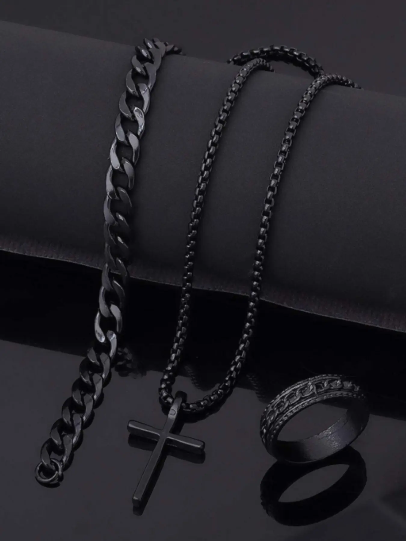 Stainless Steel Hip Hop Punk Jewelry Set, Cuban Figaro Set, Necklace Bracelet Ring, Unique Cuban Chain Design for Men, Perfect Valentine's Day Gift