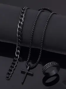 Stainless Steel Hip Hop Punk Jewelry Set, Cuban Figaro Set, Necklace Bracelet Ring, Unique Cuban Chain Design for Men, Perfect Valentine's Day Gift