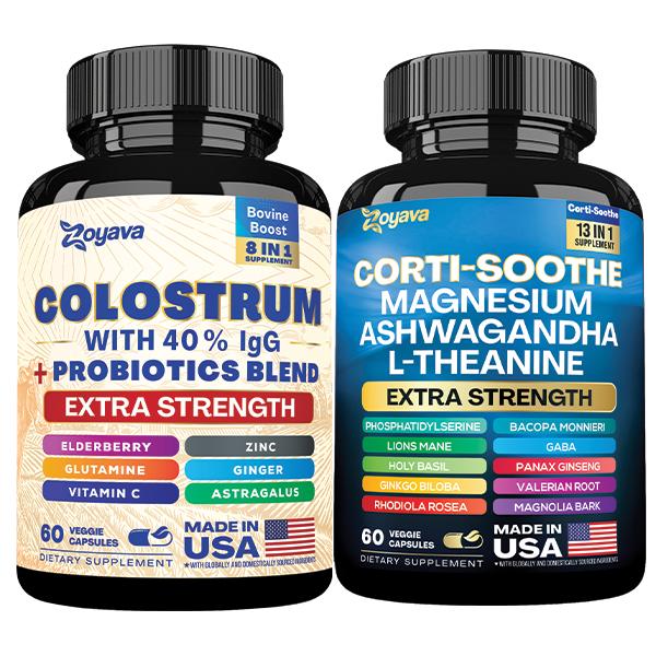Co-Co Combo: Zoyava Colostrum & Cortisol All-in-One Multivitamin Bundle - Made in USA with Extra Strength Ingredients
