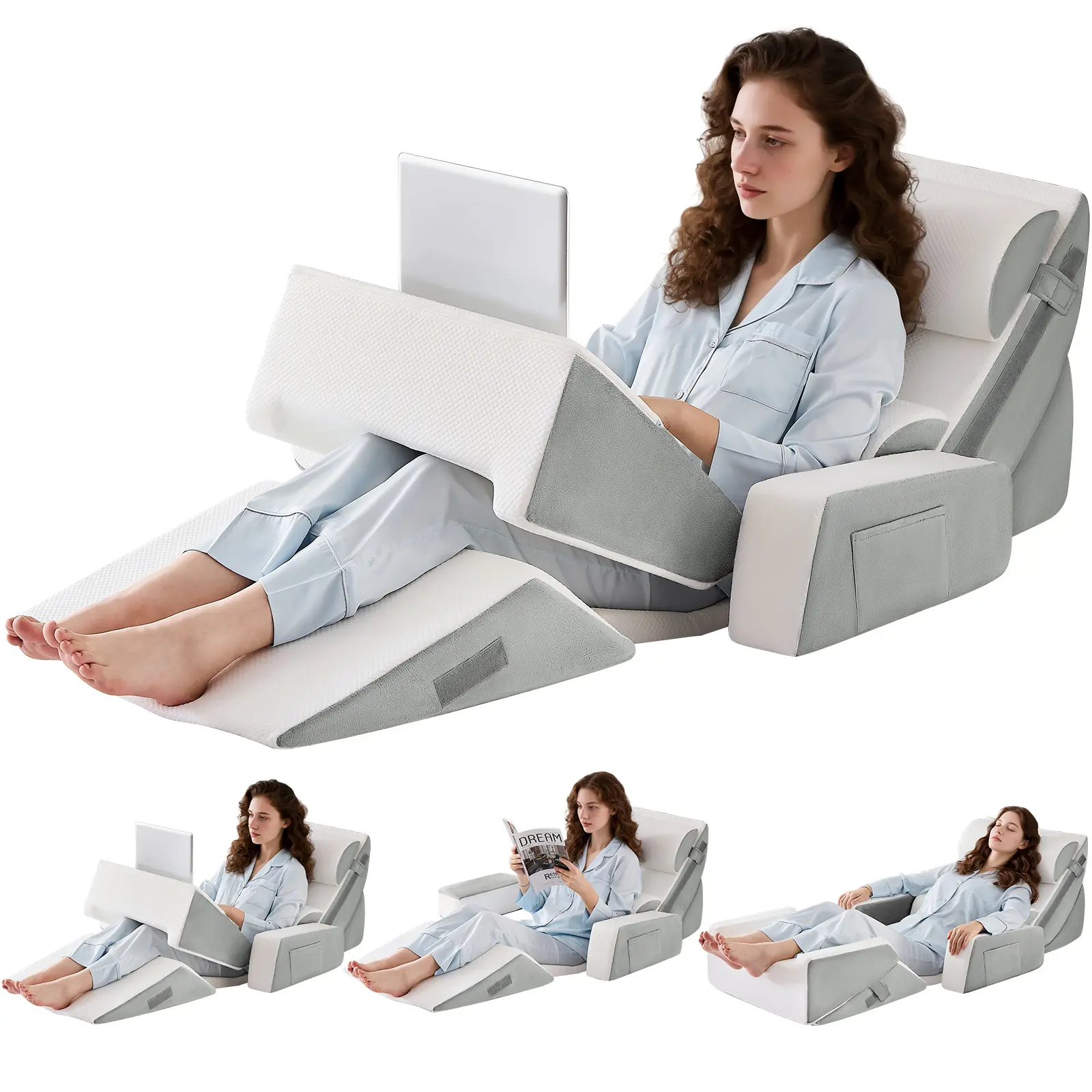 9PCS Wedge Pillow Set for After Surgery Recovery Adjustable Memory Foam Neck & Leg Pillow Relieves Pain Sleep Apnea Reading Pillow