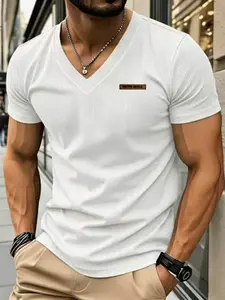 Men's Vertical Ribbed V-Neck T-Shirt, Classic Breathable Slim Fit Knit Top, Embroidered Label, Ideal for Sports, Gym, Casual Wear, Menswear, Knitted