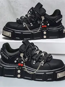 Men's Punk Style Derby Shoes, PU Leather Patchwork Design, Hidden Wedge Heel, Casual All-Season Footwear, Fashionable Thick Sole, Athletic Sneaker, Sports Shoes