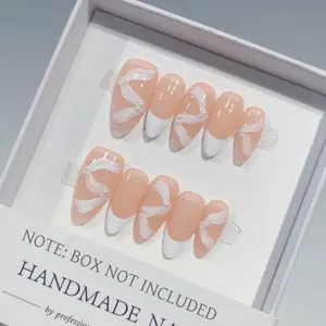 10pcs handmade press on nails middle short Almond White nail supplies knot clear cute fake nail tips glues on nails tip for wedding birthday party christmas winter fall