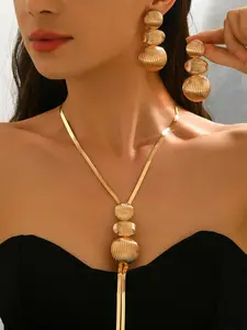 Women's Fashion Ball Pendant Necklace & Earrings Set, Coordinated Look, Matching Jewelry Set, Modern Simple Style, Geometric Round Design, Snake Skin Chain Y-Shape, Elegant Daily Wear