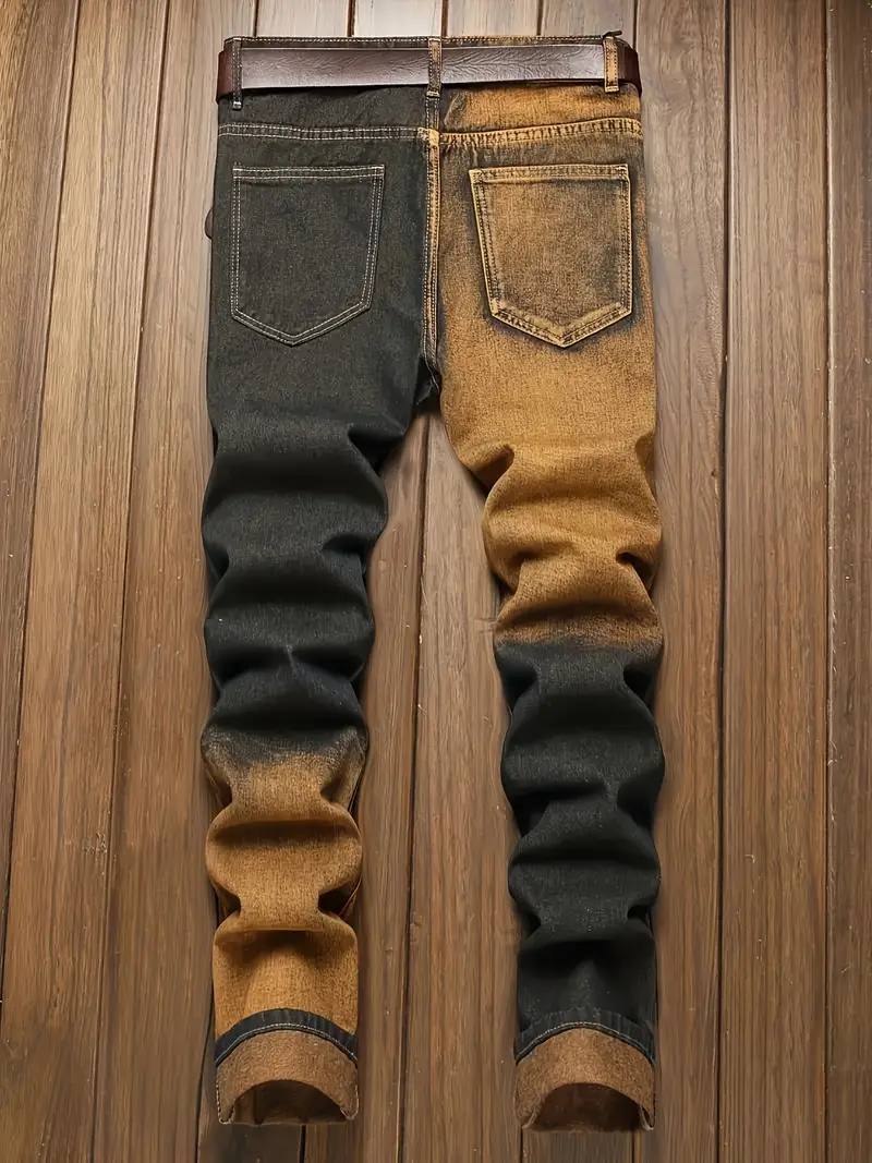 Men's Color Block Ripped Denim Jeans - Breathable, Slim-fit, Mid Waist Casual Cotton