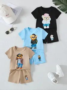 Summer casual sports shorts set for baby boys, three-piece combo, cute bear round-neck shorts set, Baby clothing, suitable for outdoor activities