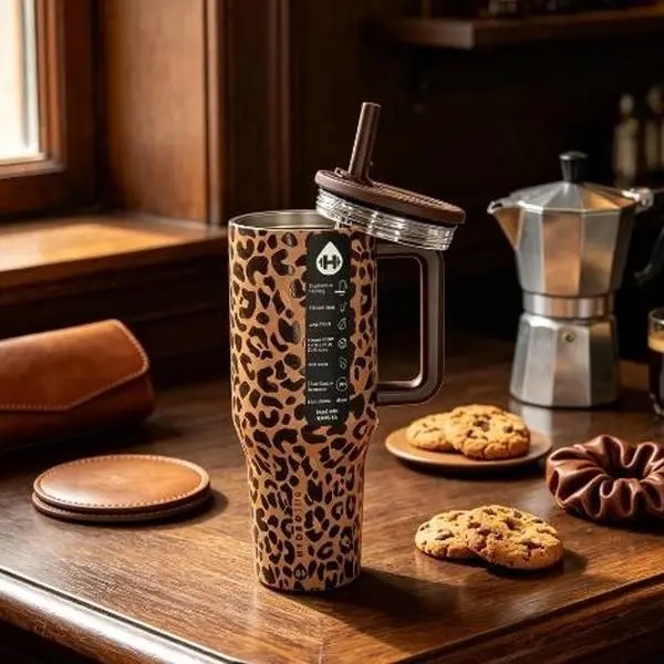 Hydrojug 40oz Leopard Print Vacuum Flask Bottle Tumbler with Handle Straw Lid, 24-Hour Cold Insulation, Leak-Proof, Cup Holder-Friendly Travel Mug for Car, Gym