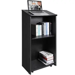 47-Inch Podium Stand With Four Rolling Wheels, Wood Podium With Storage Shelves And Slant Desktop, Portable Lectern For Church, Office, School, And Home Use, Black Finish Versatile For Presentations, Teaching, And Events