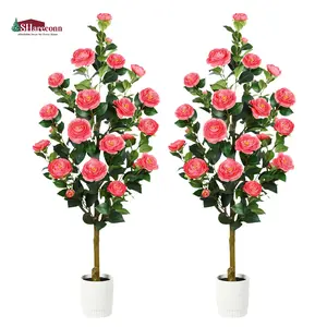 SHareconn 2-Pack 3/4FT Christmas Artificial Camellia Trees with Blooming Flowers Lifelike Faux Plants for Indoor Outdoor Home Porch Decor No Maintenance Needed