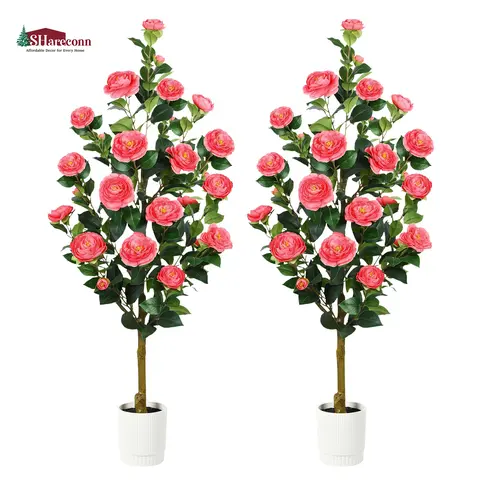 SHareconn 2-Pack 3/4FT Flared Decorative Artificial Camellia Trees, Lifelike Faux Plants with Blooming Flowers, No-Maintenance Nature-Inspired Pieces for Room, Indoor Home Porch Decor (Black Friday, Earth Day Deals), Artificial Flowers Bouquet