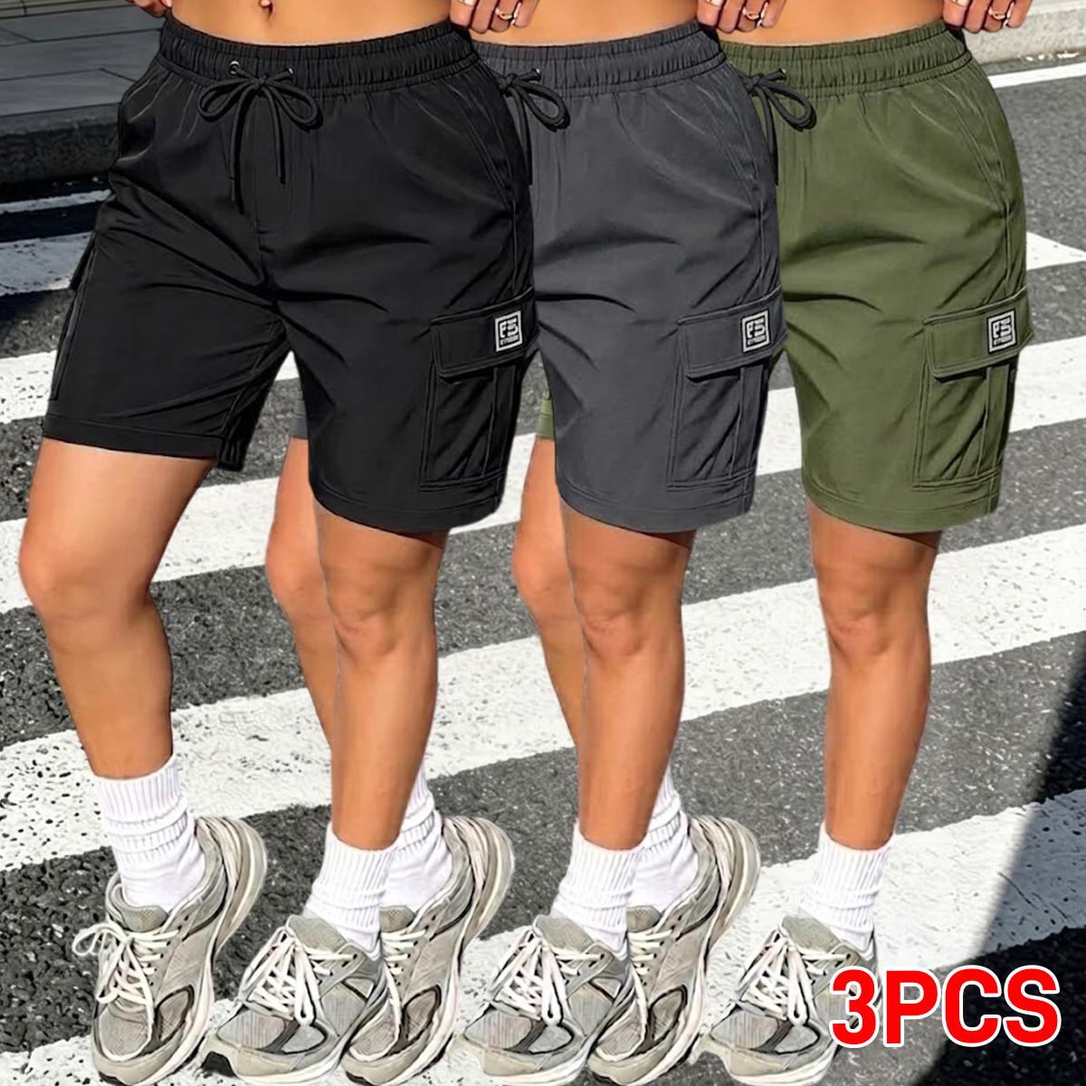 Women's Minimalist Solid Colors Casual Street Cargo Shorts - Polyester Straight-Leg Bottoms with Adjustable Drawstring Waist, Multifunctional Pockets, Multi-Size, Lightweight for Everyday Wear,clothes for back to school,first day of school outfits
