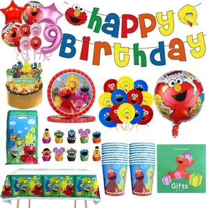 Cartoon Sesame-Street Party Decoration Elmo Theme Birthday Party Plate Cup Cake Topper Balloons  Baby Shower For Kids Supplies