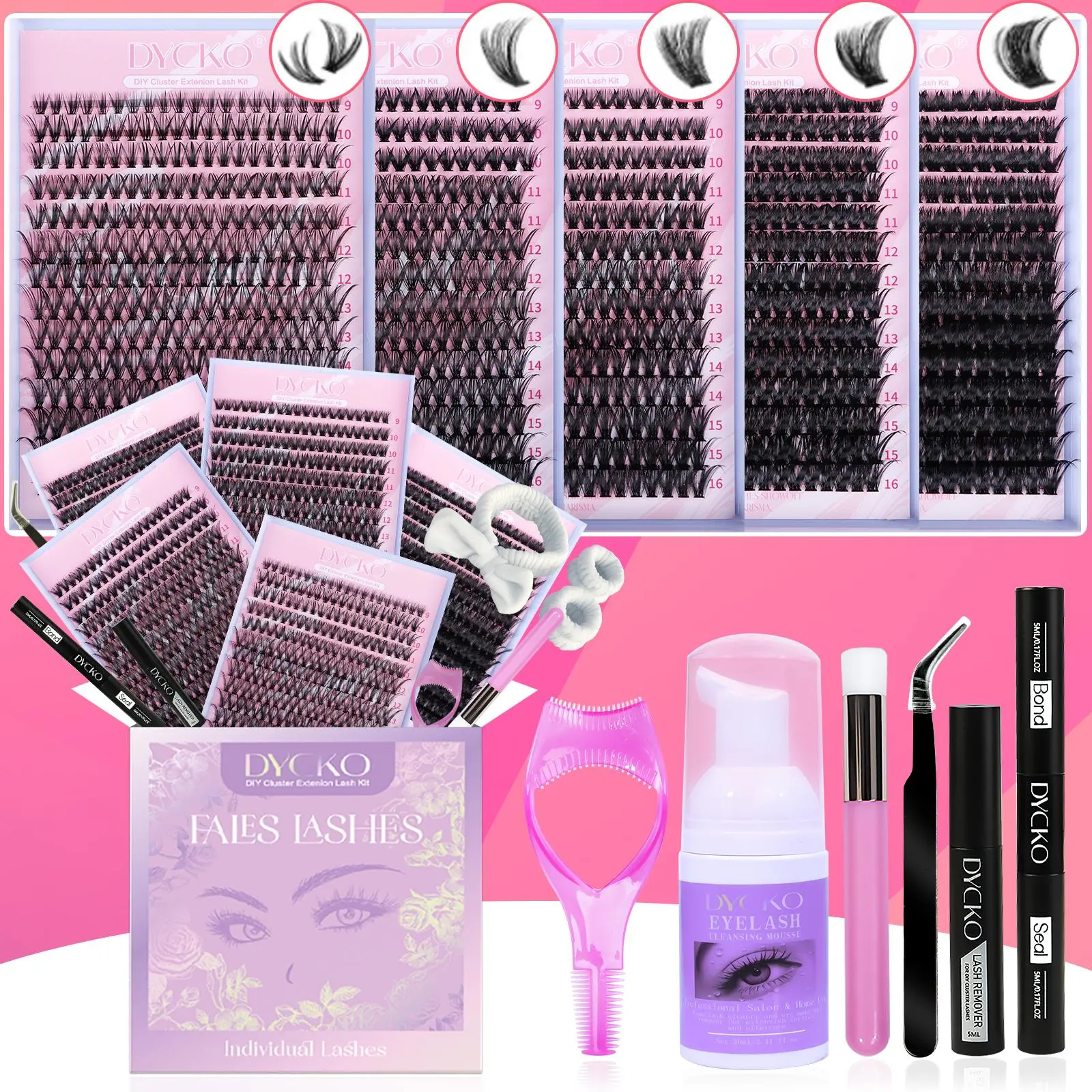 DYCKO 5-Pack Cluster Lashes Kit with Tools, Natural Fluffy Eyelashes Set including Bond & Seal, Remover, Tweezers and Curler, Beginner-Friendly Lash Starter Gift Set for Girls‘ Birthday, DIY Cluster Lash Includes Lash Tools