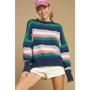 Bright Green Rainbow Striped Crew Neck Drop Shoulder Sweater