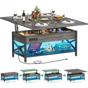 Lift Top Multi-Function Coffee Table Converts to Dining Table,with LED Light and Power Outlet,Center Table with Shelves