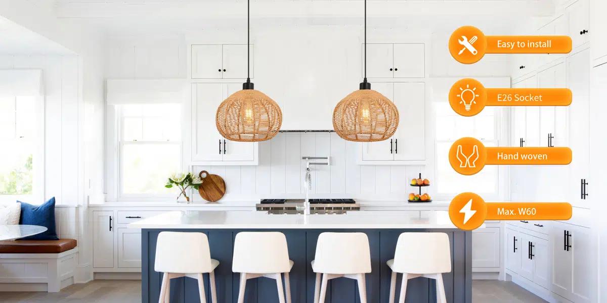 Garwarm 9.84 Inch Rattan Farmhouse Bohemian Pendant Light,Rustic Woven Pendant Ceiling Light Fixture, Farmhouse Pendant Lighting for Home Decro, Kitchen Island, Dinning Room,Bedroom, Living Room