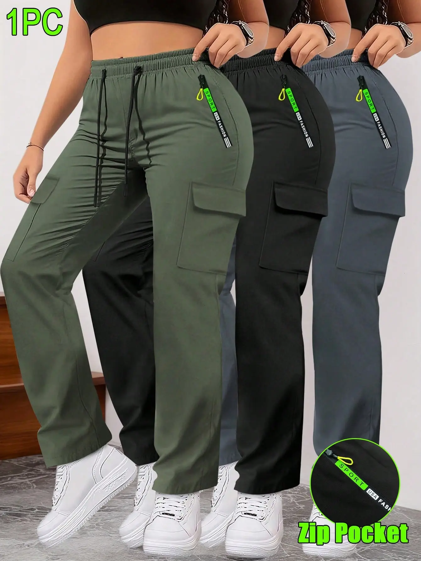Women's Spring/Autumn Zipper Pocket Cargo Pants, Fashionable Large Pocket Design, Drawstring Elastic Waist, Casual Outdoor/Daily Wear Slim Fit Trousers
