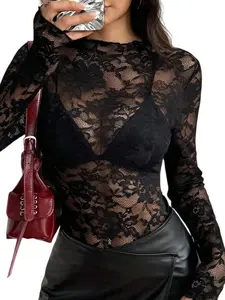 Women's Sexy Lace Floral Sheer Long Sleeve Blouse Top, Slim Fit Casual Outerwear for Parties and Gatherings, Perfect for Daily Wear