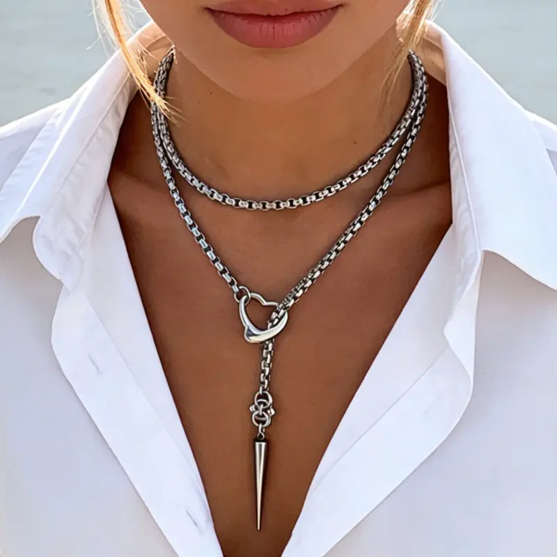 Women's Zinc Alloy Simple Fashion Layered Thick Chain Heart Lock Pointed Cone Pendant Necklace - Ideal for Music Festivals, Street Wear Gift