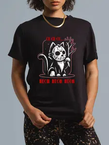 100% Cotton Unisex Graphic Cat Funny Animal Horror Movie Cute Kitten Meow T-Shirt Graphic Casual Round Neck Tee