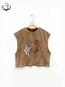 American Vintage Short Sleeve Loose Fit Animal Print Sleeveless Tank Top, Unisex Couple Wear, Cotton Material, Comfortable Casual Daily Wear, All Seasons