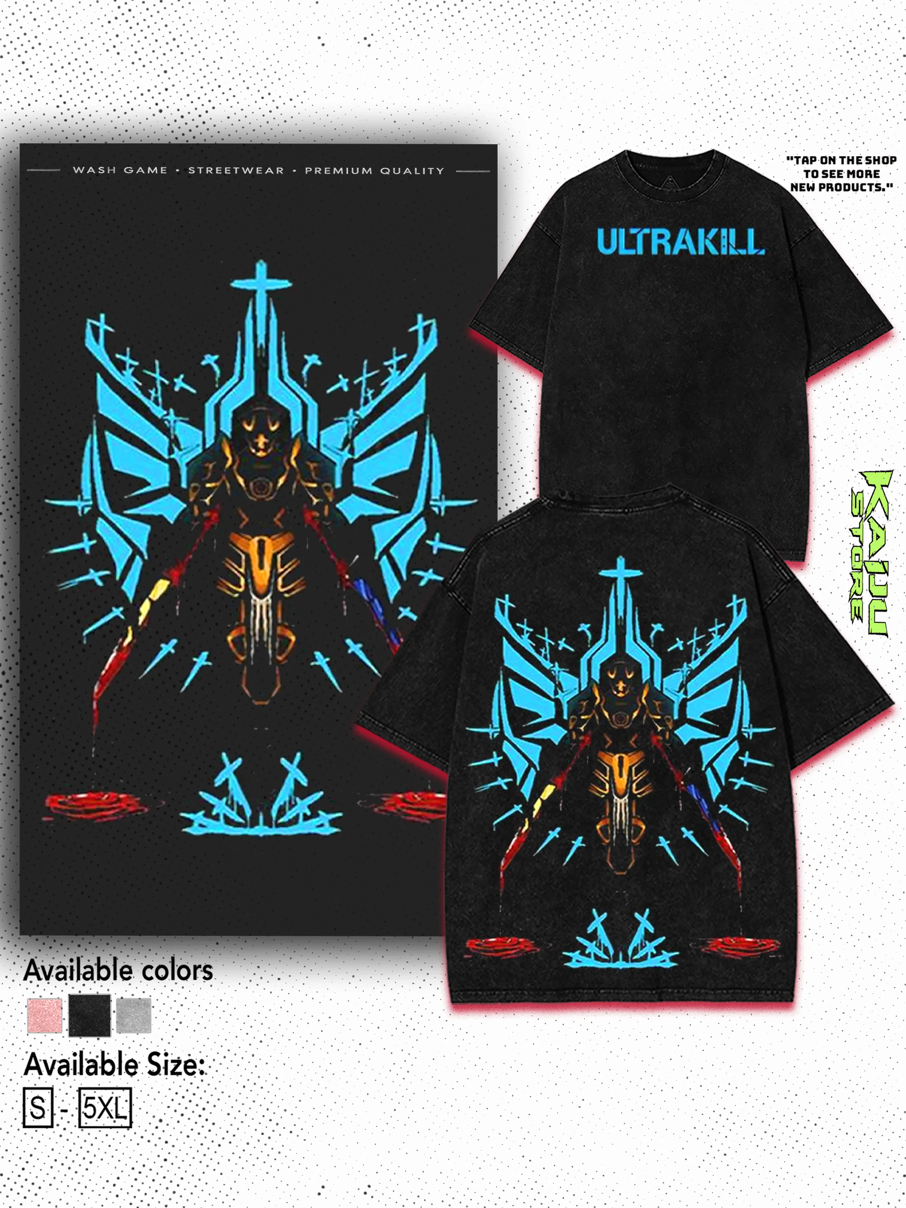 Ultrakill Gabriel Fallen Angel Gaming Washed T-Shirt Double-sided Heavyweight Washed Fabric Cotton Graphic Tee Gamis Crewneck Streetwear Casual