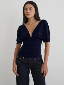 Deep V Front Back Neckline Batwing Sleeve T-Shirt, Bodycon Slim Fit, Perfect for Daily and Dates, Sexy and Trendy Style