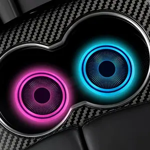 2 count LED Cup Holder Lights for , 7 Color-Changing Light Up Cup Holder Coaster  Pad, USB Rechargeable LED Drink Mat Cool Interior Decoration for   (Halo)