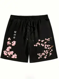 Japanese Aesthetic Sakura Cherry Blossom Graphic Shorts for Men - Harajuku Style Black Drawstring Summer Shorts with Kanji Print - Trendy Lightweight Beach & Streetwear Bottoms for Spring Vacation