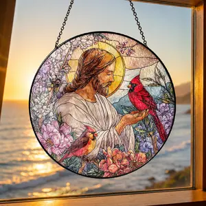 Jesus With Cardinals Stained Glass Suncatcher: Memorial Gift, Christian Window Hanging, Jesus Christ Decoration, Religious Christmas Decor