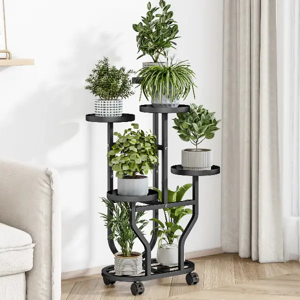 Plant Stand With 4 Wheels , Metal Plant Rack For Indoor Outdoor Plants Multiple, Corner Tiered Flower Plants Shelf Stand for Living Room Bedroom