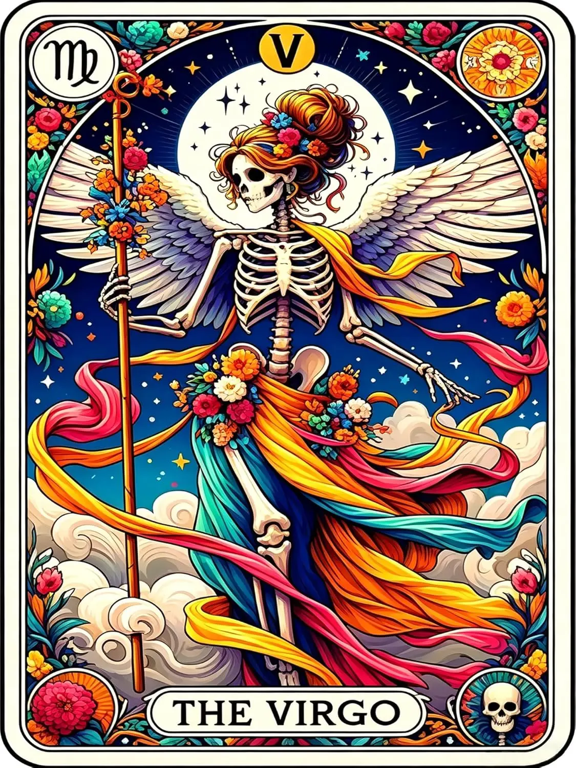 5D Full Drill Diamond Painting, The Virgo Tarot Style Skeleton Angel, Colorful Zodiac Gothic Floral DIY Wall Decor