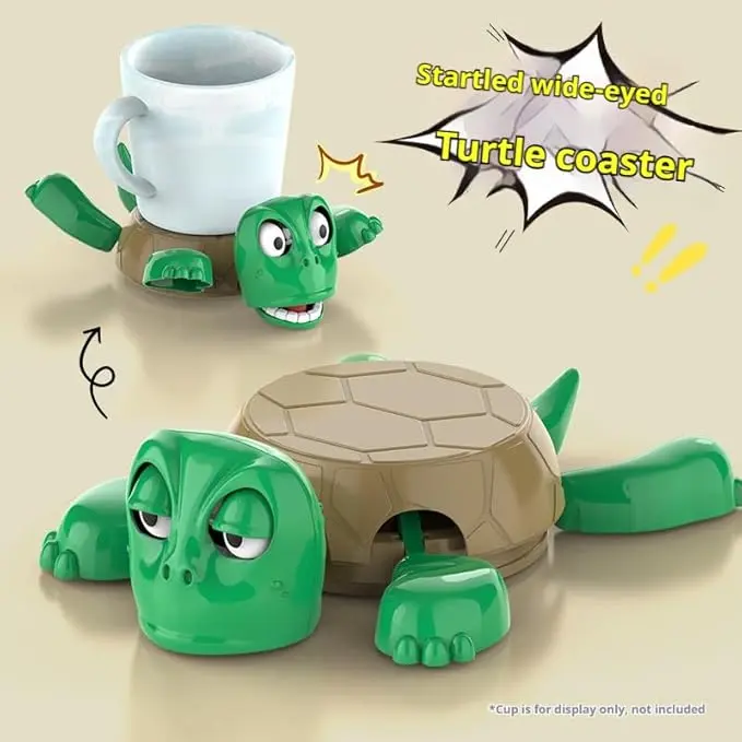 Turtle Coaster 3D Printed，Cup Holder with Funny Expression Coffee Coaster, Screaming Pop Turtle Liftable Limbs Gag for Drinks