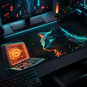 Cyberpunk Neon Cat Gaming Mouse Pad - Large Desk Mat for PC Gaming Setup, Aesthetic Desk Decor & Office Accessories, Non-Slip Waterproof Extended Mat for Gamers & Coders