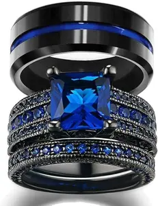 His and Hers Wedding Ring Sets Couples Rings Women 10K Black Gold Filled Blue Cz Wedding Engagement Ring Bridal Sets Men's Wedding Band
