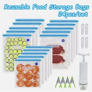 24Pcs Vacuum Zip Reusable Sealer Bag Hand Pump Kitchen Food Saver Storage Bags with Various Sizes and Clips for Versatile Use