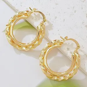 Women's 14K Gold Plated Twisted Double Hoop Earrings - Textured Interlocked, Hypoallergenic Everyday Statement Costume Jewelry